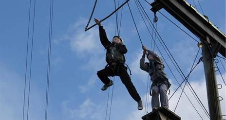 Two people undertaking aerial trekking