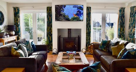 Modern living room with wood burning stove