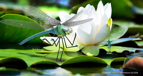 Dart the dragonfly standing beside Lloyd the fly on  a leaf on a pond.