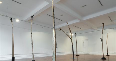 A group of tall sculptures reaching towards the ceiling in a gallery