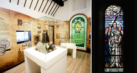 St Columbanus stained glass window, and the Bangor Bell on display in North Down Museum