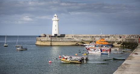 Image of Donaghadee lighthouse and boats tied in the harbour