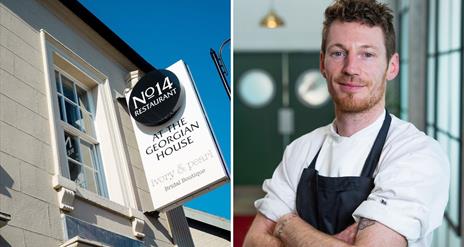 Collage of two images, left hand side close up of No 14 Restaurant sign and right hand image, chef Paul Cunningham standing with his arms folded.