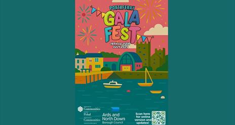 Graphic of Portaferry Gala Fest - 19 - 25 July 2025 with Portaferry shorefront an illustrated image