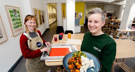 Artist Imogen Donegan and Nina Cristinacce of Lightfoot Kitchen and Deli in Seacourt Print Workshop, Bangor
