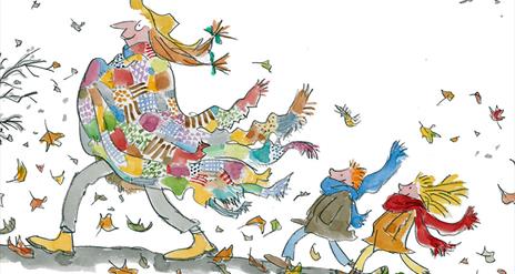 © Quentin Blake 2023. All rights reserved. Quentin Blake illustration of a man in a colourful coat and two children walking through autumn leaves.