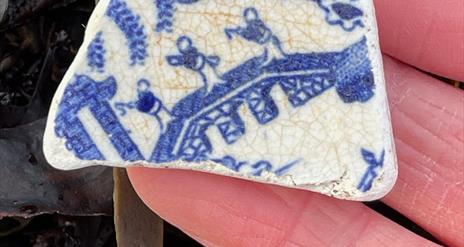 Blue and white pottery from beach