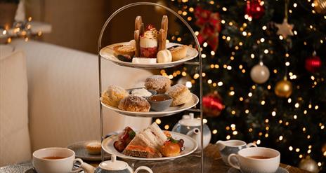Festive afternoon tea set up with christmas tree in background