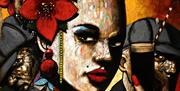 Close up photo of one of artist Terry Bradleys paintings. This one is of a woman holding a drink, with two men in the background