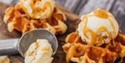 Ice cream scoop on waffles