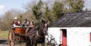 a photo of a group of people in a horse-drawn carriage next to a white cottage