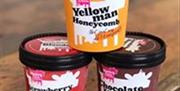 A trio of ice creams stacked