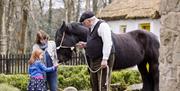 a photograph of a man with a horse talking to a mother and daughter