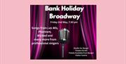 Vintage microphone on stage in front of curtains with event details in text