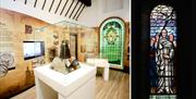 St Columbanus stained glass window, and the Bangor Bell on display in North Down Museum