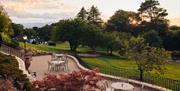 A view of the outdoor patio area overlooking the grounds