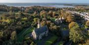 Birds eye view of Grey Abbey ruins, Greyabbey village and Grey Abbey House (Rosemount)