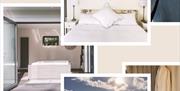 A bright bedroom with modern decor, a sea-facing bathtub, soft bathrobes, and a sunlit beach—highlighting the comfort and coastal charm of an overnigh
