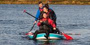 Four paddleboarders on the water sharing a board