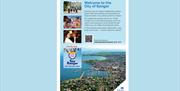 Image with text introduction - Welcome to the City of Bangor, with aerial image and 3 images, top image, family walking along promenade, middle image