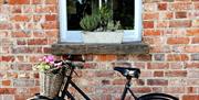 Bicycle with basket of flowers leaning against brick wall beneath a window