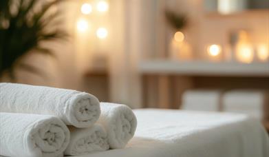 A spa scene - rolled up towels on a treatment bed