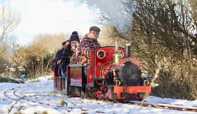 a photo of a group of adults on a small train surrounded by snow and trees