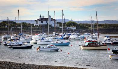 A photograph of boats in the water at the harbour