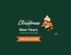 Text with image of Christmas tree, Christmas and New Years Offers