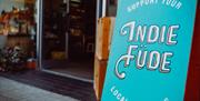 Close up of Indie Füde sign outside of their store