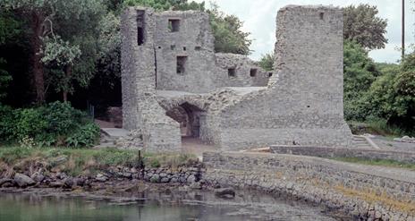 Photo of Mahee Castle, with bridge way and water to forefront