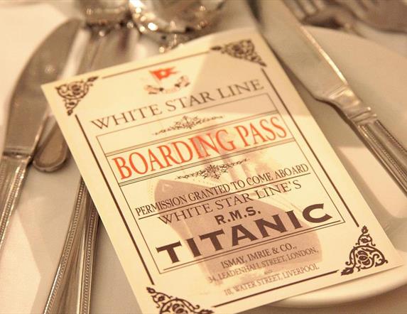 Titanic boarding pass leaflet, part of themed dinner