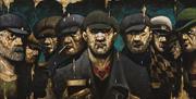 Close up photo of Terry Bradley art, a group pf men in hats