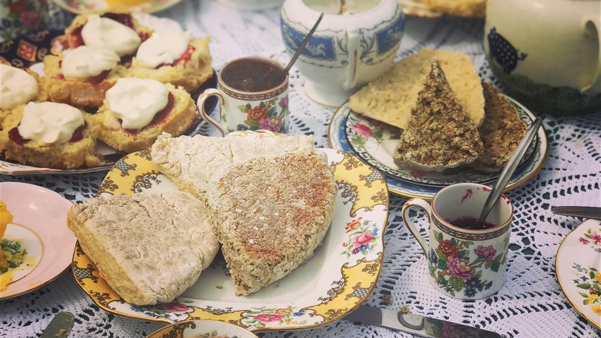 Table laid with homemade breads and cake