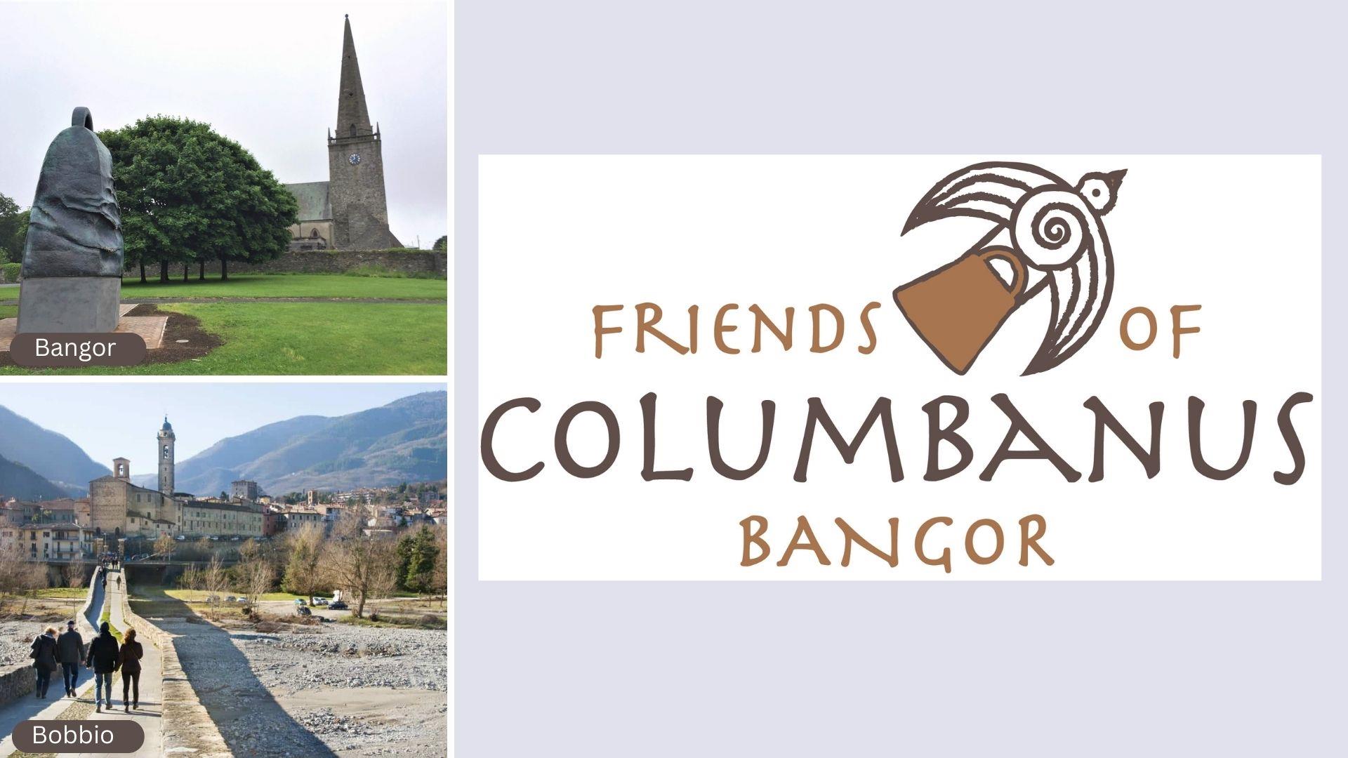 Image of Bangor Bell and Abbey, Bridge at Bobbio and Friends of Columbanus Bangor logo