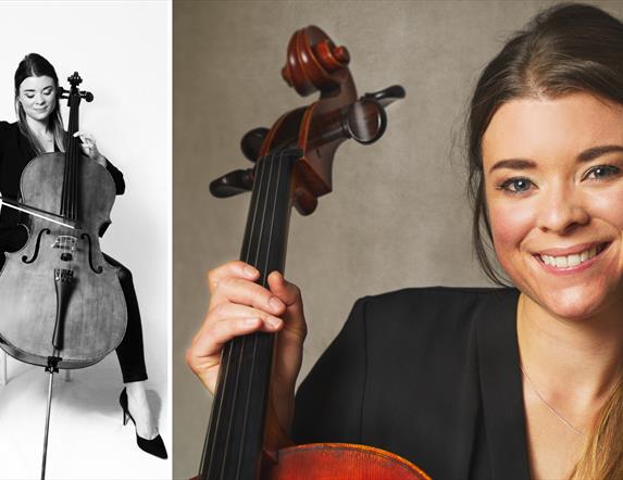 Two images of Cellist Rosalie Curlett