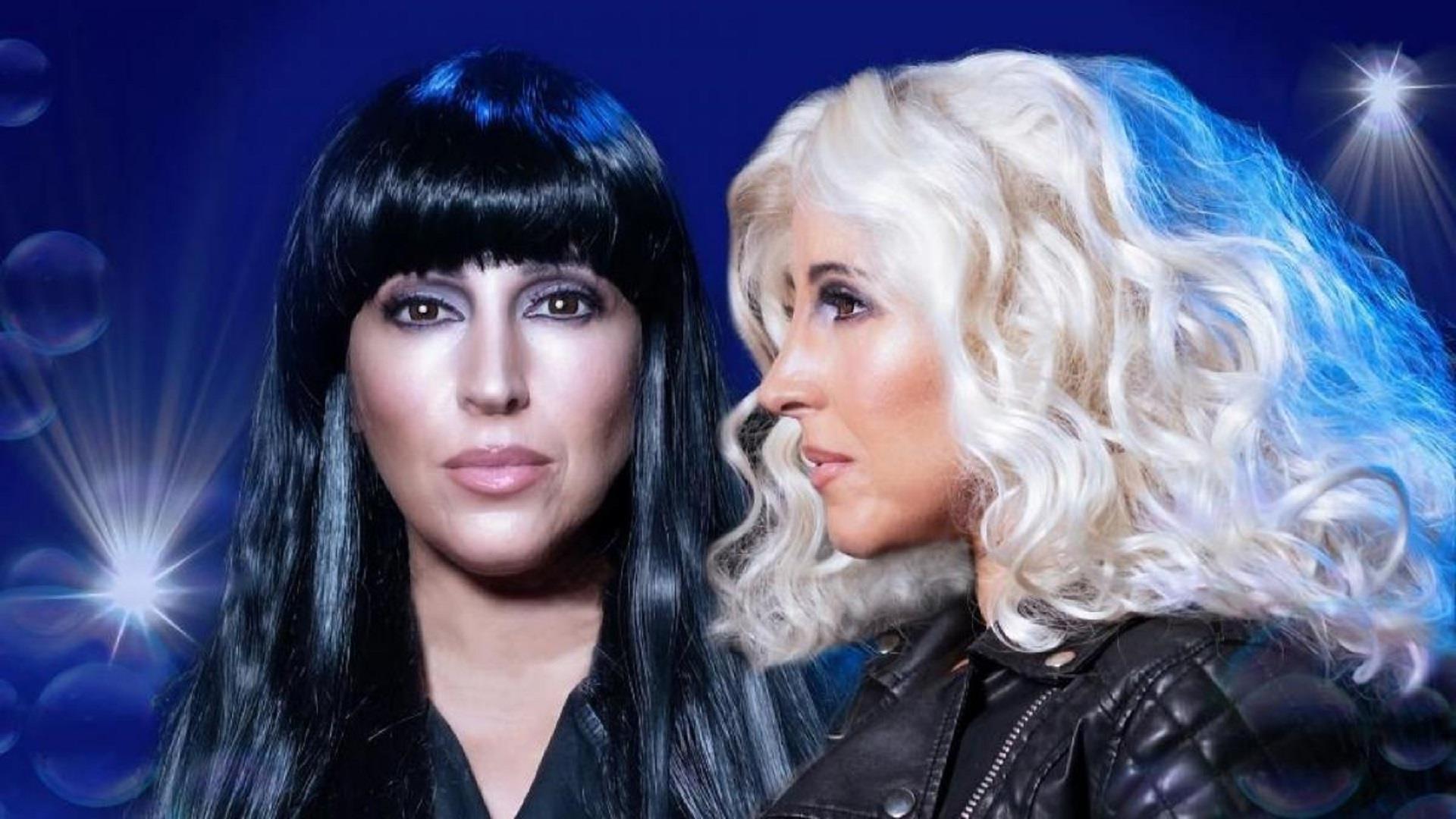 Image of Trisha McCluney as Essentially Cher. Two versions of Trisha as Cher, one with Cher's long dark hair and the other a side view of Cher with pl
