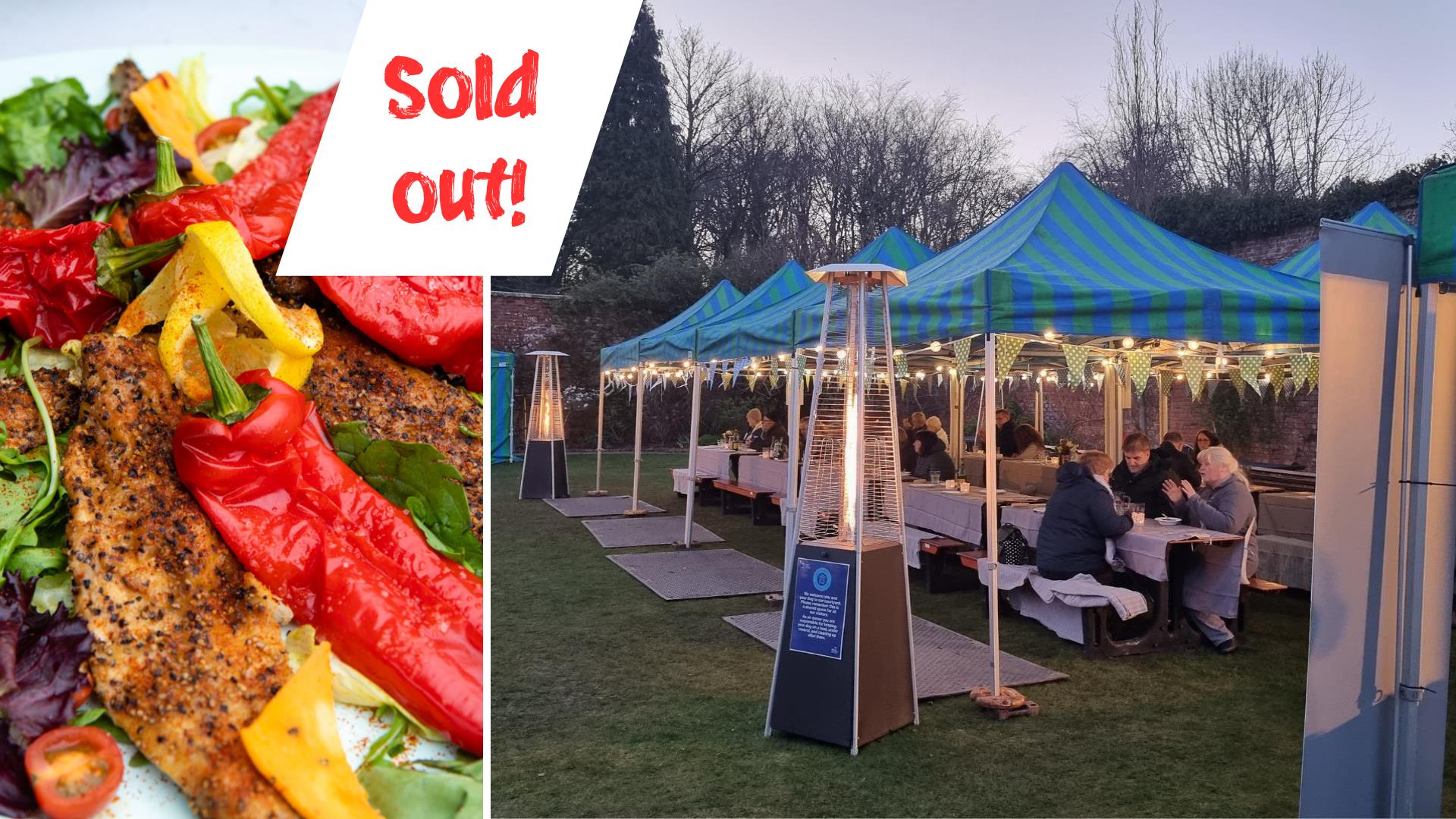 Two images - one of a Chilli dish and the other of people sitting enjoying a BBQ meal in the Walled Garden, with text saying Sold out.