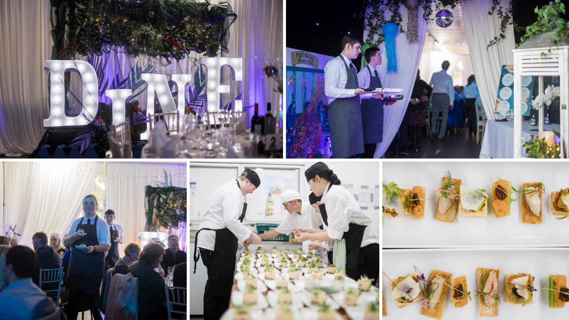 Collage of Dine at Dock images, waiters and waitresses serving food, and food dishes