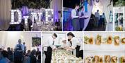 Collage of Dine at Dock images, waiters and waitresses serving food, and food dishes