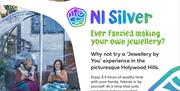 This is a promotional leaflet for NI Silver Jewellery Experiences.  It shows a man and a lady laughing about a bangle and their gift bags.  It also sh