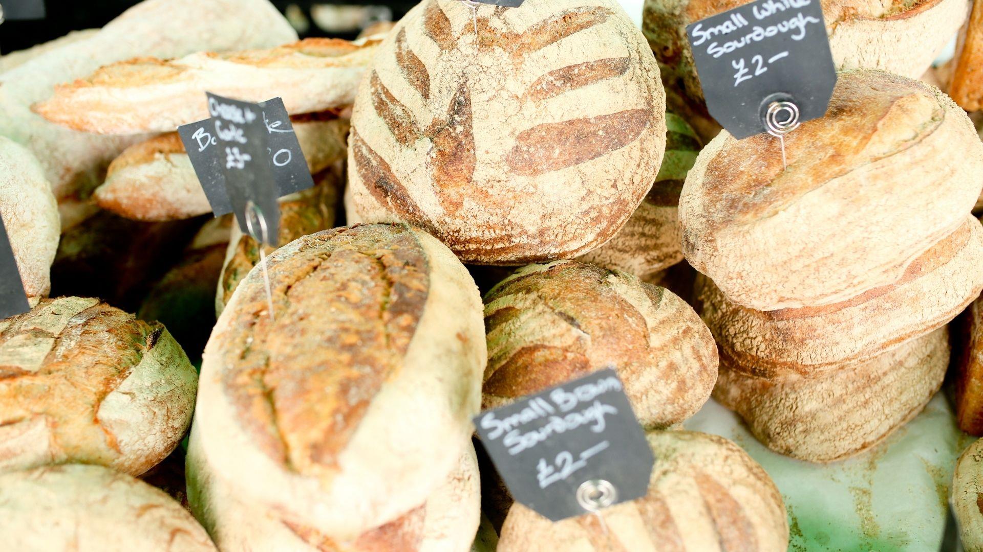 Fresh bread, food on a market stall