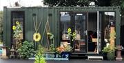 an image of an art studio made out of a storage container Sunflowers and plant containers with climbing frames outside.  View to weaving loom inside.