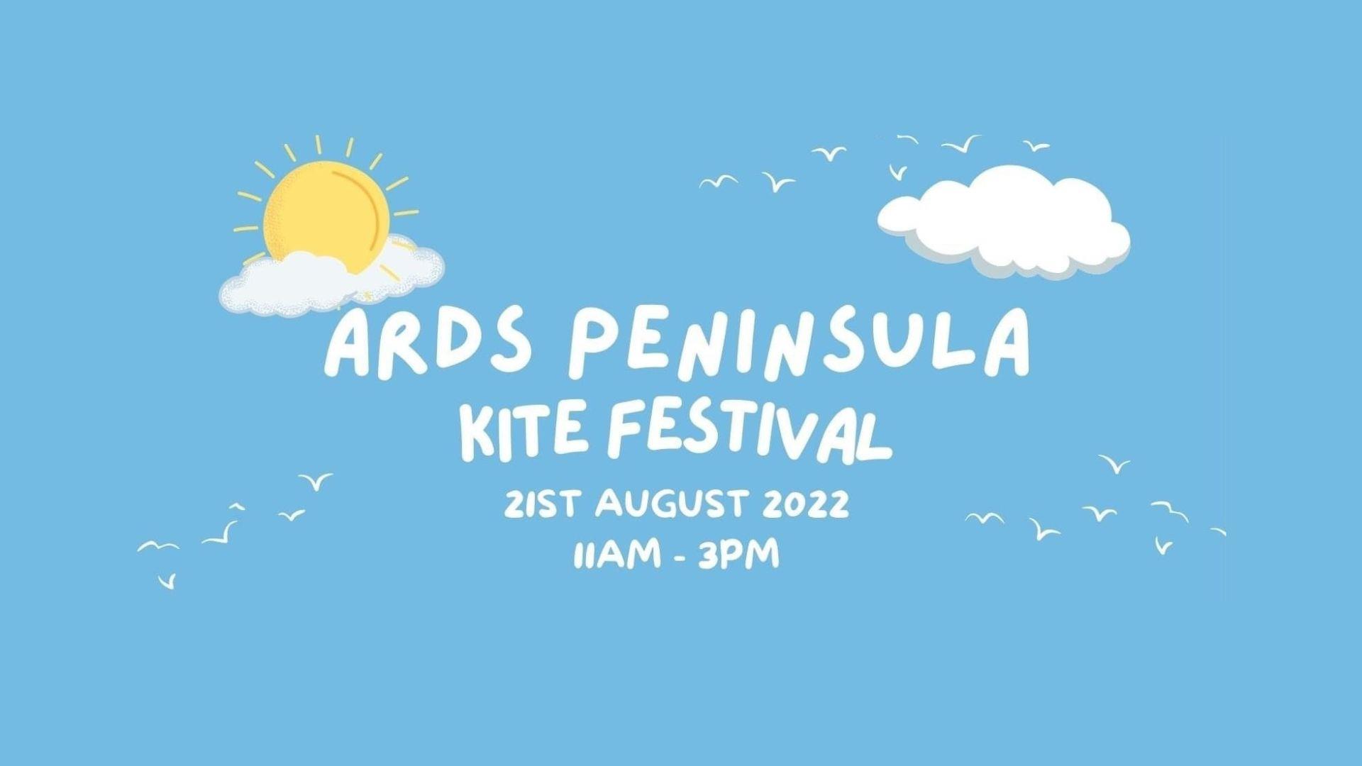 Blue graphic with sky, clouds, sun and birds, with words Ards Peninsula Kite Festival, 21st August 11am - 3pm