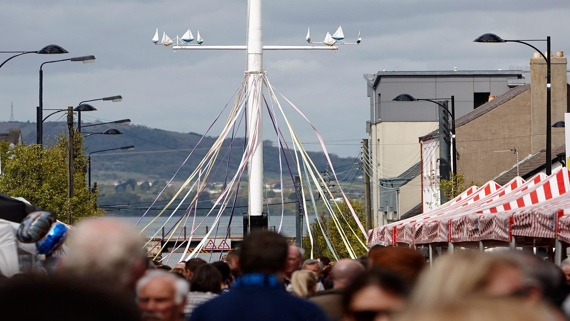 Image of Holywood Maypole dressed with ribbons for the annual May Day dancing event