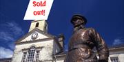 Ards Arts Centre and Blair Mayne statue in Conway Square Newtownards, with sold out note