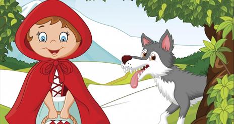 Cartoon image of Little Red Riding Hood and the wolf