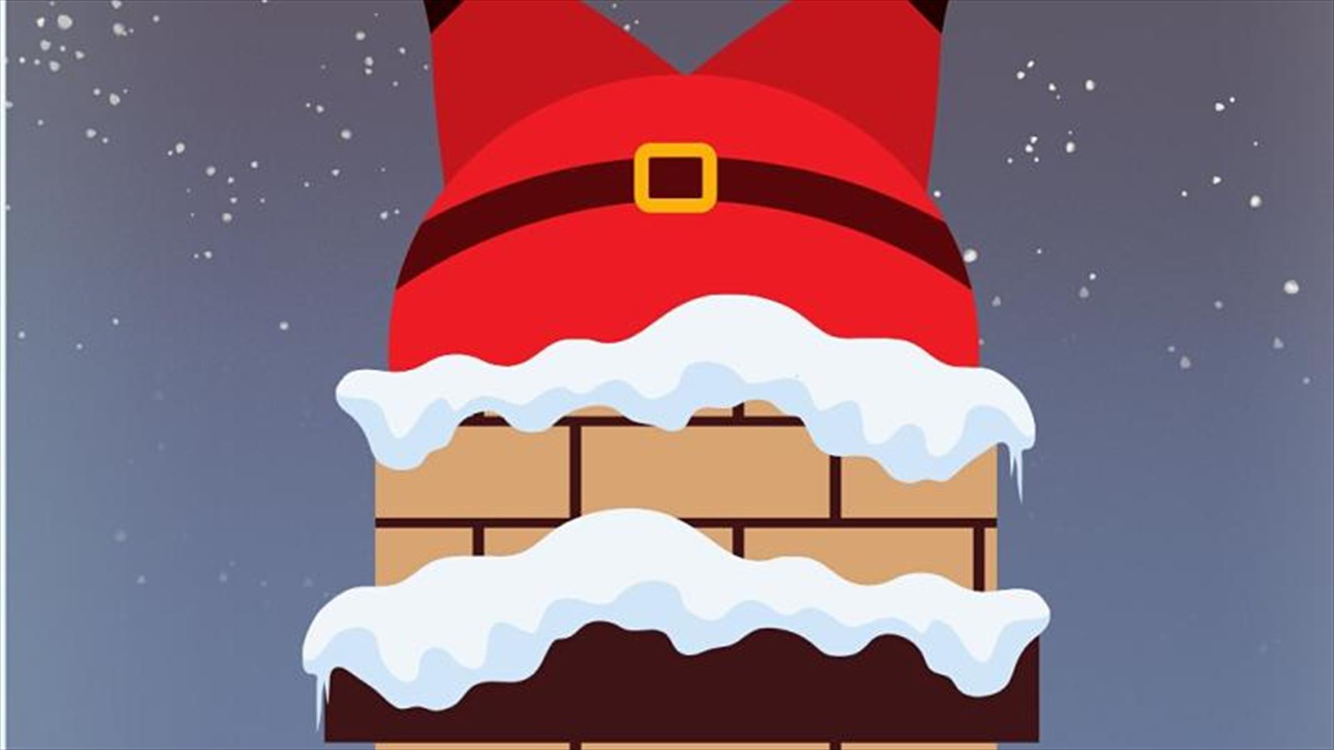 Animated drawing of Santa legs sticking out of the snowy chimney