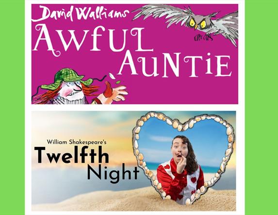 Images promoting the two Walled Garden theatre events - Awful Auntie and Twelfth Night