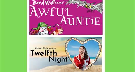 Images promoting the two Walled Garden theatre events - Awful Auntie and Twelfth Night